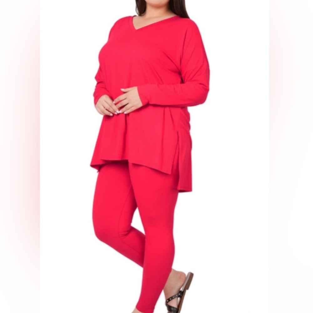 Zenana Plus Size 1X 14 16 Red Lounge Set Tunic Top Leggings Butter Soft NEW